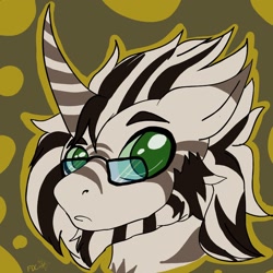 Size: 1280x1280 | Tagged: artist needed, safe, oc, oc:mkali, zebra, zebracorn, abstract background, bust, curved horn, frown, glasses, horn, male, signature, solo, stallion