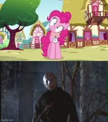 Size: 500x562 | Tagged: safe, derpibooru import, edit, screencap, pinkie pie, earth pony, human, pony, undead, zombie, too many pinkie pies, friday the 13th, head tilt, irl, jason voorhees, photo