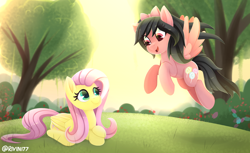 Size: 3600x2200 | Tagged: safe, artist:rivin177, derpibooru import, fluttershy, oc, oc:anelynam, pegasus, pony, bow, duo, female, flying, folded wings, grass, hair bow, looking at each other, mare, open mouth, outdoors, prone, smiling, spread wings, tree, wings