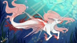 Size: 1280x721 | Tagged: safe, artist:martazap3, oc, fish, jellyfish, pony, seapony (g4), unicorn, bubble, female, horn, ocean, solo, underwater, unshorn fetlocks, water