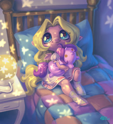 Size: 2700x2968 | Tagged: dead source, safe, artist:holivi, oc, oc only, oc:mio, anthro, pegasus, unguligrade anthro, anthro oc, bed, clothes, cute, dress, female, filly, holivi is trying to murder us, ocbetes, plushie, signature, solo, starry eyes, weapons-grade cute, wingding eyes