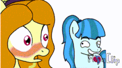 Size: 500x280 | Tagged: artist needed, source needed, safe, adagio dazzle, sonata dusk, pony, equestria girls, animated, aside glance, blushing, equestria girls ponified, eyebrow wiggle, eyebrows, eyebrows visible through hair, gif, looking at you, ponified, sideways glance, simple animation, smiling, smirk, smug, watermark, wide eyes