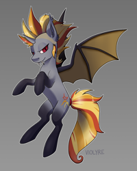 Size: 2000x2500 | Tagged: safe, artist:violyre, oc, oc:luminous dunes, alicorn, bat pony, bat pony alicorn, alicorn oc, bat wings, burning mare, fangs, gray background, horn, looking at you, simple background, solo, wings
