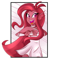 Size: 1280x1280 | Tagged: safe, artist:wubcakeva, oc, oc only, oc:mezma, equestria girls, clothes, disguise, disguised siren, dress, female, happy, heart hands, open mouth, siren oc, solo