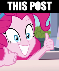 Size: 1075x1299 | Tagged: safe, edit, edited screencap, screencap, pinkie pie, better together, equestria girls, the craft of cookies, caption, cropped, image macro, reaction image, text, thumbs up