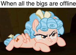 Size: 656x474 | Tagged: safe, edit, edited screencap, screencap, cozy glow, pegasus, pony, frenemies (episode), angry, caption, cozy glow is not amused, cozybetes, cropped, cute, female, filly, image macro, implied diaper fetish, madorable, meme, pouting, pouty, pouty lips, prone, solo, text