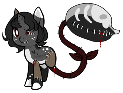 Size: 696x522 | Tagged: safe, artist:skulifuck, oc, oc only, monster pony, original species, piranha plant pony, plant pony, amputee, augmented tail, blood, bone, frankenpony, freckles, horn, missing limb, plant, simple background, stitches, stump, transparent background
