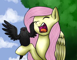 Size: 1365x1061 | Tagged: safe, artist:ponykittenboi, derpibooru import, fluttershy, bird, crow, pegasus, pony, caw, cloud, eyes closed, female, mare, open mouth, raised hoof, singing, spread wings, tongue out, tree, wings
