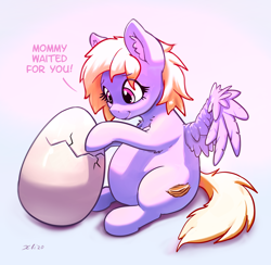 Size: 2706x2642 | Tagged: safe, artist:xbi, oc, oc only, pegasus, pony, behaving like a bird, dialogue, egg, gradient background, hatching, pregnant
