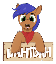Size: 3300x3765 | Tagged: safe, artist:blazing_beams, oc, oc only, earth pony, pony, badge, bandana, con badge, front view, happy, looking at you, male, simple background, solo, stallion, transparent background, vector