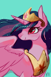 Size: 600x900 | Tagged: safe, artist:rendoas, derpibooru import, princess twilight 2.0, twilight sparkle, twilight sparkle (alicorn), alicorn, the last problem, blue background, crown, jewelry, peytral, profile, regalia, simple background, solo