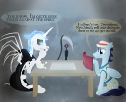 Size: 1280x1035 | Tagged: safe, artist:sixes&sevens, alicorn, pegasus, pony, skeleton pony, bone, bubble, clothes, cutie mark, dice, digital art, discworld, dm screen, doctor who, dungeons and dragons, duo, grim reaper, hat, horn, male, not soarin, pen and paper rpg, ponified, rpg, scythe, seventh doctor, skeleton, speech bubble, stallion, table, tail, text, umbrella, wings