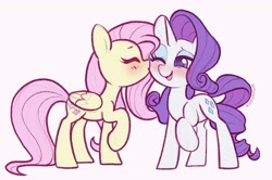 Size: 2400x1592 | Tagged: safe, artist:dawnfire, derpibooru import, fluttershy, rarity, pegasus, pony, unicorn, blushing, female, flarity, kiss on the cheek, kissing, lesbian, one eye closed, pink background, shipping, simple background