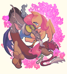 Size: 760x841 | Tagged: safe, artist:jirousan, derpibooru import, discord, fluttershy, draconequus, pegasus, pony, cute, duo, eye contact, female, flower, looking at each other, male, profile, simple background