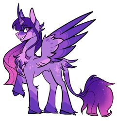 Size: 963x1000 | Tagged: safe, artist:rockin_candies, derpibooru import, twilight sparkle, twilight sparkle (alicorn), alicorn, pony, butt feathers, chest fluff, curved horn, female, horn, leonine tail, raised hoof, simple background, smiling, solo, spread wings, unshorn fetlocks, white background, wings