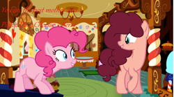 Size: 1280x718 | Tagged: safe, artist:estrellasentry, derpibooru import, pinkie pie, oc, oc:cherry pie, earth pony, pony, earth pony oc, female, mother and child, mother and daughter, offspring, parent and child, parent:cheese sandwich, parent:pinkie pie, parents:cheesepie, sugarcube corner