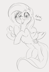 Size: 576x844 | Tagged: safe, artist:dotkwa, derpibooru import, fluttershy, pegasus, pony, blushing, cute, dialogue, female, flying, gray background, happy, imminent belly rub, looking at you, monochrome, open mouth, shyabetes, simple background, smiling, solo, talking, talking to viewer