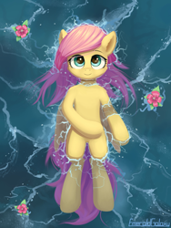 Size: 1500x2000 | Tagged: safe, artist:emeraldgalaxy, derpibooru import, edit, fluttershy, pegasus, pony, cute, female, floating, flower, looking up, mare, on back, shyabetes, solo, stray strand, water, wings