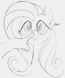 Size: 523x626 | Tagged: safe, artist:dotkwa, derpibooru import, fluttershy, human, pegasus, pony, :3, :o, boop, cute, dialogue, disembodied hand, female, gray background, hand, happy, looking at you, monochrome, open mouth, scrunchy face, shyabetes, simple background, smiling, talking, talking to viewer