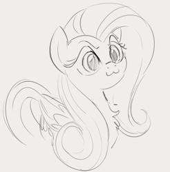 Size: 564x573 | Tagged: safe, artist:dotkwa, derpibooru import, fluttershy, pegasus, pony, :3, >:3, chest fluff, cute, female, gray background, happy, looking at something, monochrome, no legs, shyabetes, simple background, smiling, solo