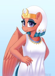 Size: 1280x1749 | Tagged: safe, artist:puetsua, somnambula, anthro, pegasus, animal crossing, animal crossing: new horizons, clothes, egyptian, egyptian pony, female, gradient background, looking at you, mare, palatial tank dress, simple background, solo