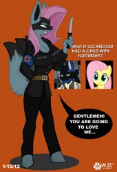 Size: 871x1280 | Tagged: safe, artist:wolfjedisamuel, derpibooru import, fluttershy, oc, oc:luciashy, anthro, unguligrade anthro, breasts, digital art, female, knife, solo, speech bubble, spy, tail, team fortress 2, text