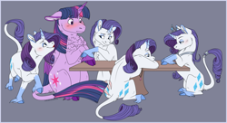 Size: 2569x1393 | Tagged: safe, artist:arcticwaters, derpibooru import, rarity, twilight sparkle, twilight sparkle (alicorn), alicorn, pony, unicorn, fanfic:crimson lips, fanfic:the enchanted kingdom, fanfic:the enchanted library, blushing, bodyguard au, cloven hooves, commonity, fanfic art, female, holding hooves, jewelry, leonine tail, lesbian, lipstick, multeity, necklace, ponified humanized pony, princess rarity, rarilight, scar, shipping, table, tail ring, tiara, too many ponies