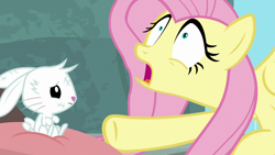 Size: 1920x1080 | Tagged: safe, derpibooru import, screencap, angel bunny, fluttershy, pony, rabbit, she talks to angel, animal, body swap, bruised, duo, female, male, mare, open mouth, pillow, shrunken pupils