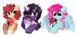 Size: 1920x922 | Tagged: safe, artist:mirtash, oc, oc only, oc:bead trail, oc:rivibaes, earth pony, pegasus, pony, unicorn, bust, food