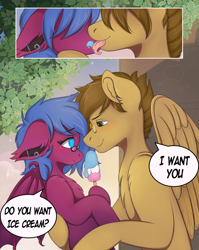 Size: 960x1206 | Tagged: safe, artist:yourmeow, oc, oc only, oc:sparky showers, oc:thistle down, bat pony, pegasus, pony, bedroom eyes, chest fluff, female, licking, male, oc x oc, shipping, shoulder fluff, straight, tongue out