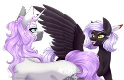 Size: 1280x830 | Tagged: safe, artist:ohhoneybee, oc, oc only, oc:cloudy night, oc:merris, pegasus, pony, unicorn, female, mare, simple background, transparent background