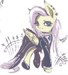 Size: 927x1021 | Tagged: safe, artist:psaxophone, derpibooru import, fluttershy, pegasus, pony, fake it 'til you make it, clothes, dress, ear piercing, eyeshadow, female, fluttergoth, makeup, mare, piercing, solo