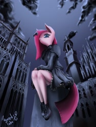 Size: 1536x2048 | Tagged: safe, artist:psaxophone, derpibooru import, pinkie pie, anthro, earth pony, building, clothes, cloud, dress, female, gothic, pinkamena diane pie, sky, solo