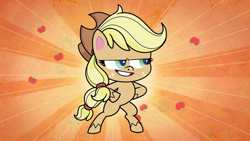 Size: 1920x1080 | Tagged: safe, derpibooru import, screencap, applejack, earth pony, pony, my little pony: pony life, spoiler:my little pony: pony life, female, hooves on hips, mare, orange background, simple background, solo