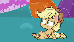 Size: 1920x1080 | Tagged: safe, derpibooru import, screencap, applejack, earth pony, pony, my little pony: pony life, spoiler:my little pony: pony life, female, frown, mare, sitting, solo