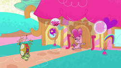 Size: 1920x1080 | Tagged: safe, derpibooru import, screencap, gummy, pinkie pie, earth pony, pony, my little pony: pony life, the trail less trotten, spoiler:pony life s01e07, bell, bulb horn, cymbals, drums, flag, harmonica, musical instrument, one-gator band, trumpet