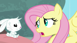 Size: 1920x1080 | Tagged: safe, derpibooru import, screencap, angel bunny, fluttershy, pony, rabbit, she talks to angel, animal, body swap, bruised, duo, female, male, mare, open mouth, pillow