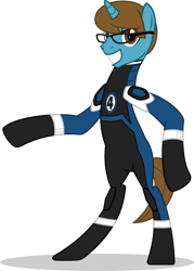 Size: 1280x1785 | Tagged: safe, artist:mlp-trailgrazer, oc, oc:thespio, pony, unicorn, bipedal, fantastic four, glasses, male, reed richards, simple background, solo, stallion, transparent background