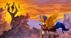 Size: 1988x1080 | Tagged: safe, artist:margony, derpibooru exclusive, oc, oc only, oc:crushingvictory, pegasus, pony, castle, clothes, male, pegasus oc, smiling, spread wings, stallion, sunset, sword, weapon, wings