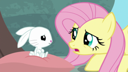 Size: 1920x1080 | Tagged: safe, derpibooru import, screencap, angel bunny, fluttershy, pony, rabbit, she talks to angel, animal, body swap, duo, female, male, mare, pillow, sitting