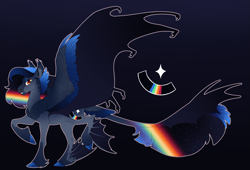 Size: 4943x3366 | Tagged: safe, artist:turnipberry, oc, oc only, oc:invisible spectrum, bat pony, pony, black background, colored hooves, commission, cutie mark, dewclaw, ethereal mane, female, fetlock fins, hybrid wings, magical lesbian spawn, mare, multicolored hair, next generation, offspring, parent:princess luna, parent:rainbow dash, parents:lunadash, rainbow hair, raised hoof, simple background, solo, starry mane, unshorn fetlocks, wings