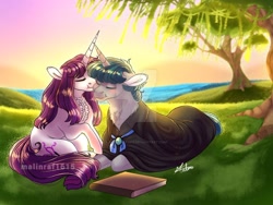 Size: 1024x768 | Tagged: safe, artist:malinraf1615, stygian, oc, oc:glow, pony, unicorn, blushing, book, chest fluff, clothes, deviantart watermark, eyes closed, female, male, mare, nuzzling, obtrusive watermark, prone, robe, stallion, watermark