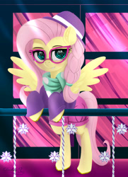 Size: 3250x4500 | Tagged: safe, artist:darksly, derpibooru import, fluttershy, pegasus, pony, fake it 'til you make it, absurd resolution, alternate hairstyle, clothes, female, glasses, hat, hipster, hipstershy, scarf, solo