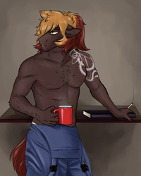 Size: 1598x2000 | Tagged: safe, artist:jeshh, oc, oc:coal train, anthro, clothes, coffee mug, male, mug, overalls, partial nudity, solo, tattoo, topless