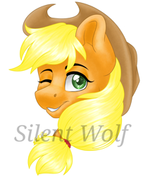 Size: 1080x1329 | Tagged: safe, artist:silentwolf-oficial, derpibooru import, applejack, earth pony, pony, bust, cute, female, head only, jackabetes, mare, one eye closed, portrait, simple background, smiling, solo, white background, wink