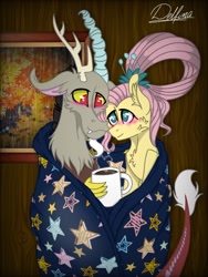 Size: 768x1024 | Tagged: safe, artist:delfinaluther, derpibooru import, discord, fluttershy, draconequus, pegasus, pony, blanket, blushing, coffee, coffee mug, cuddling, cute, discoshy, drink, female, male, mare, mug, older, older fluttershy, shipping, straight