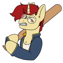 Size: 3000x3000 | Tagged: safe, artist:cinnerroll, oc, oc only, oc:vanil, pony, unicorn, baseball bat, braces, clothes, delinquent, female, glasses, jacket, mare, simple background, solo, transparent background