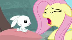 Size: 1920x1080 | Tagged: safe, derpibooru import, screencap, angel bunny, fluttershy, pony, rabbit, she talks to angel, animal, body swap, duo, eyes closed, female, male, mare, open mouth, pillow, sitting