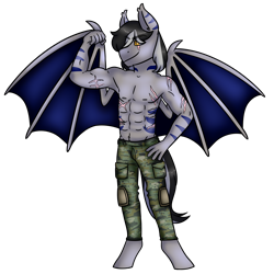 Size: 3000x3000 | Tagged: safe, artist:cinnerroll, oc, oc only, oc:lt buster, anthro, bat pony, pony, armpits, clothes, partial nudity, simple background, solo, topless, transparent background