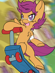 Size: 1536x2048 | Tagged: safe, artist:larrykitty, scootaloo, pegasus, pony, bandage, cheek fluff, chest fluff, female, filly, leg fluff, open mouth, ponyville, scooter, shoulder fluff, solo, wingding eyes